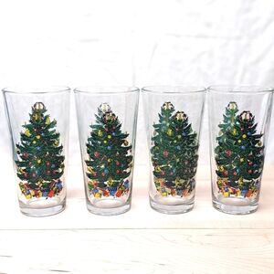 Vintage Christmas Tree Holiday Beer Beverage Glasses Set of Four